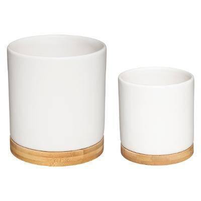 Doniczki ceramiczne z bambusowym spodem, 2 sztuki, białe
