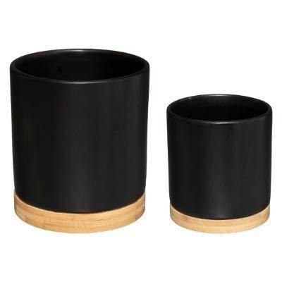 Doniczki ceramiczne z bambusowym spodem, 2 sztuki, czarne