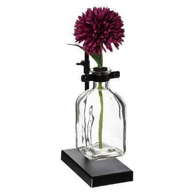 Wazon szklany na stojaku, z bordowym kwiatem