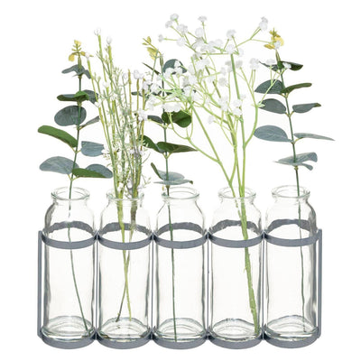 Wazoniki szklane w metalowym stojaku, ze sztucznymi kwiatami, kolor szary