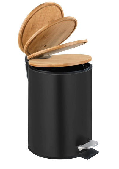 Kosz łazienkowy na śmieci TORTONA, bambusowa pokrywa, z funkcją Easy-Close, czarny, 3 L, Wenko - EMAKO