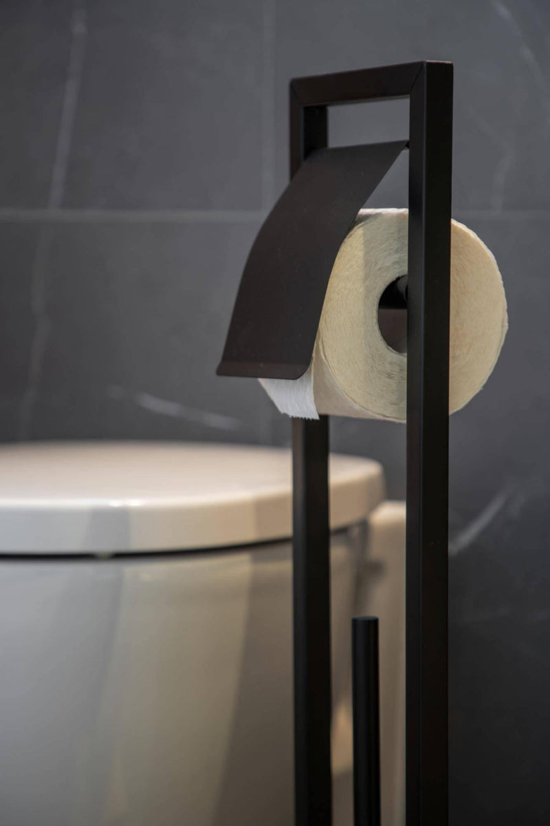 Stojak na papier toaletowy ze szczotką do wc BAMBUSA, z bambusową podstawą, czarny, Wenko