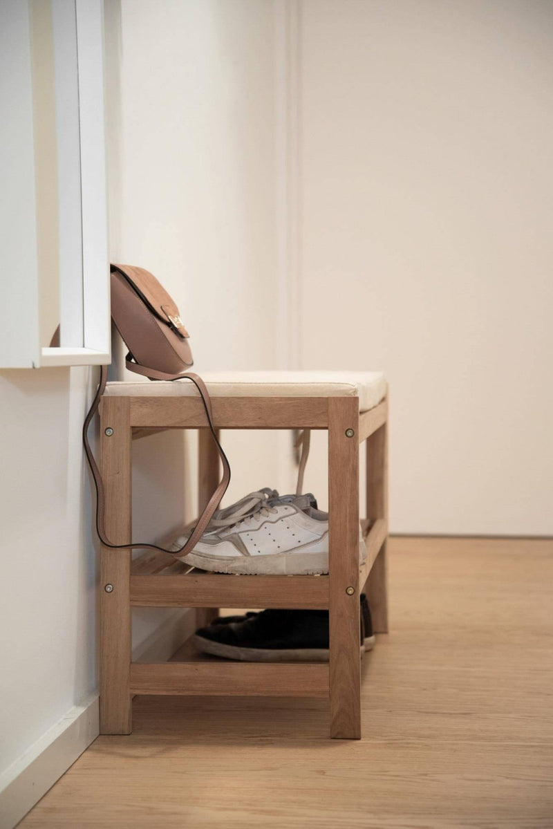 Drewniana szafka na buty z siedziskiem z materiału imitującego len ACINA, kolor naturalny, Wenko