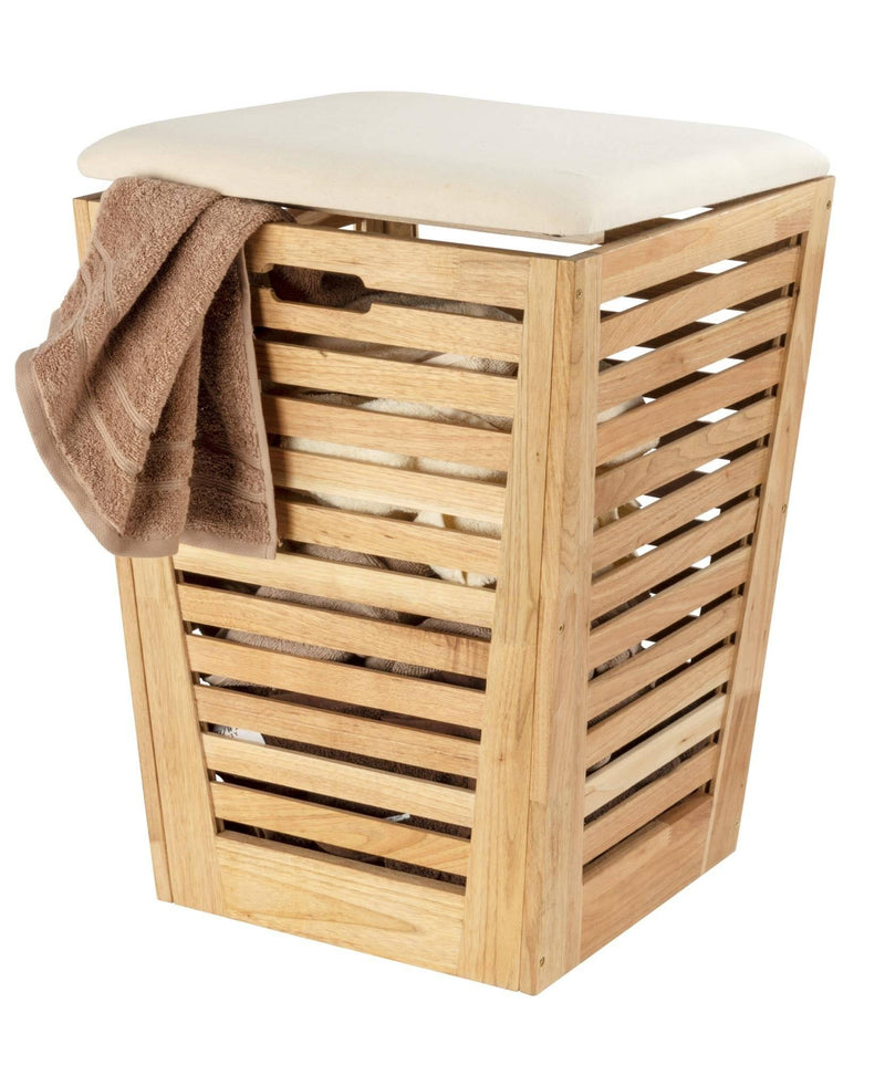 Kosz na pranie z siedziskiem z materiału imitującego len ACINA, drewno akacjowe, 55 litrów, WENKO