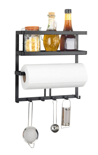 Wielofunkcyjna półka kuchenna GALA  z uchwytem na ręcznik papierowy i haczykami, czarna, WENKO
