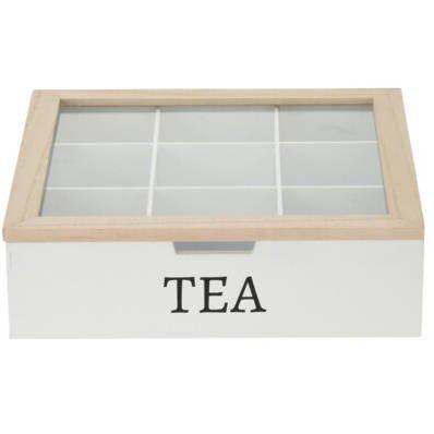 Pudełko na herbatę z napisem TEA, MDF, 24 x 24 x 7 cm, białe