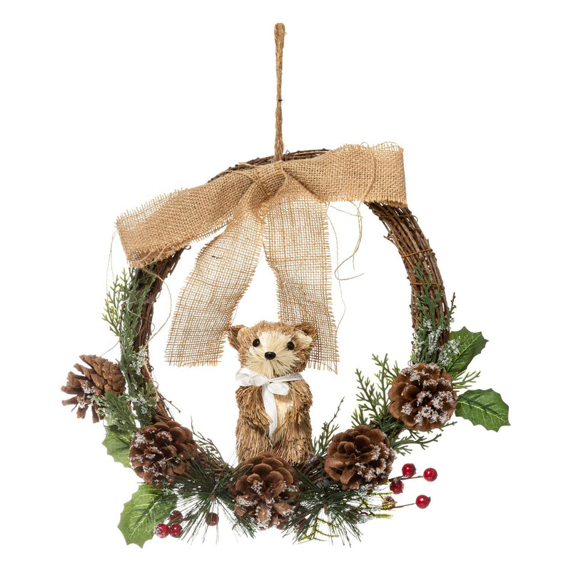 Wieniec świąteczny z szyszkami, ostrokrzewem i figurką zwierzątka, Ø 32 cm