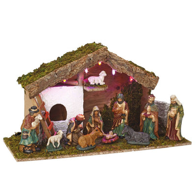 Drewniana szopka Boże Narodzenie, 11 figurek z porcelany
