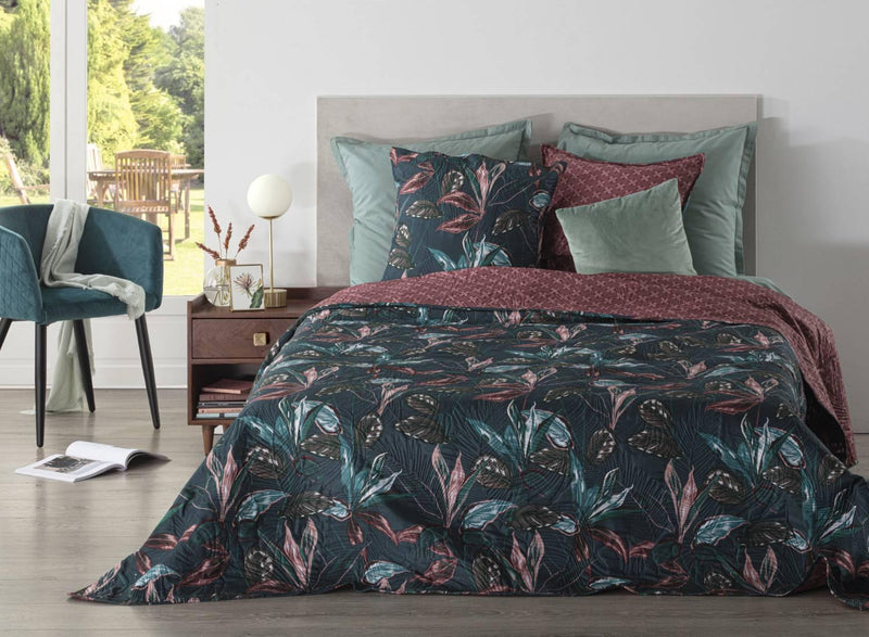 Dwustronna narzuta na łóżko HOJA, motyw liści tropikalnych, 240 x 260 cm