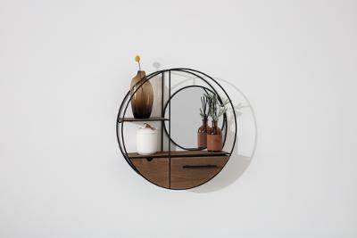Okrągła półka ścienna z lustrem i szufladą, Ø 50,2 cm
