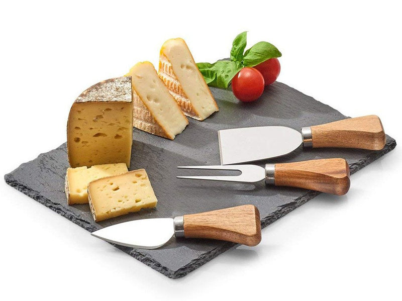 OUTLET Oryginalny zestaw do serwowania sera, 4 elementy, 3 sztućce do sera, deska ze skały łupkowej, widelczyk do sera, marka ZELLER