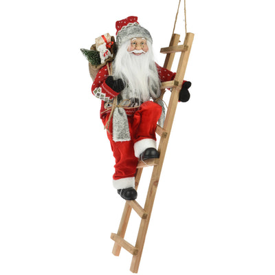 Dekoracja świąteczna Mikołaj na drabinie z prezentem, 65 cm