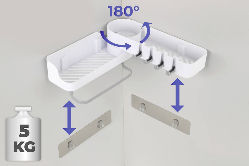 Półka pod prysznic narożna Caddy, montaż bez wiercenia, 180°
