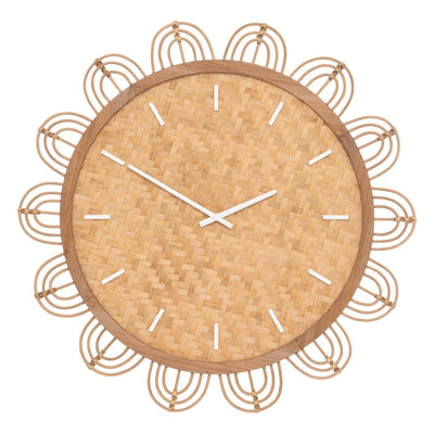Duży zegar na ścianę w salonie Lour, tarcza z rattanu, boho, Ø 65 cm