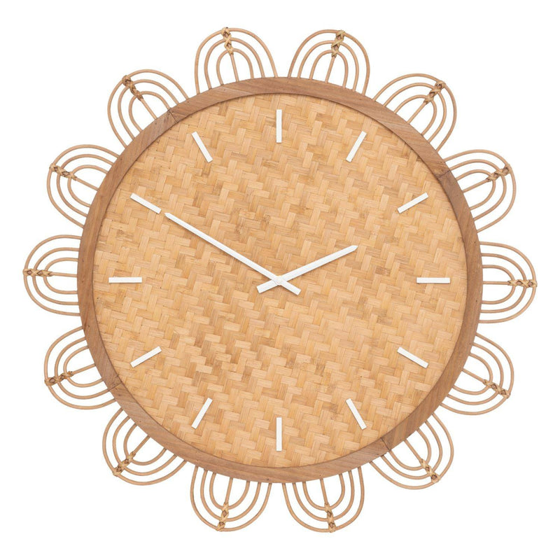 Duży zegar na ścianę w salonie Lour, tarcza z rattanu, boho, Ø 65 cm