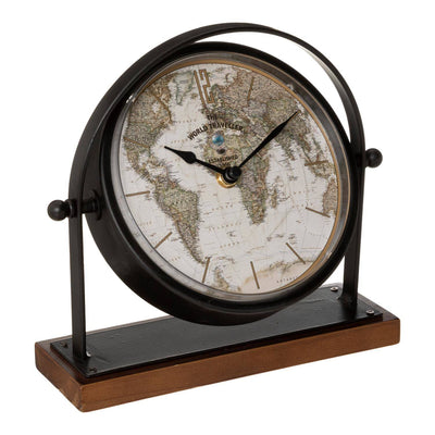 Zegarek retro na komodę Flavia, tarcza z mapą świata, wys. 20 cm