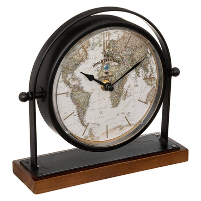 Zegarek retro na komodę Flavia, tarcza z mapą świata, wys. 20 cm