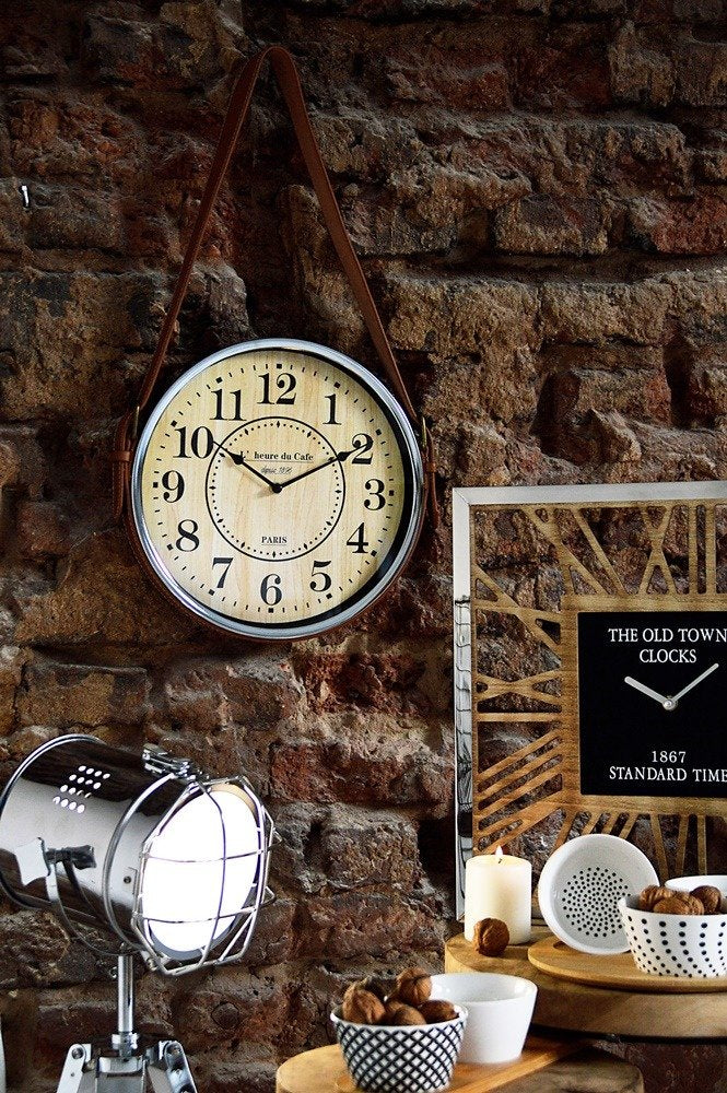 Zegar ścienny, klasyczny ze skórzanym paskiem - Ø 30 cm